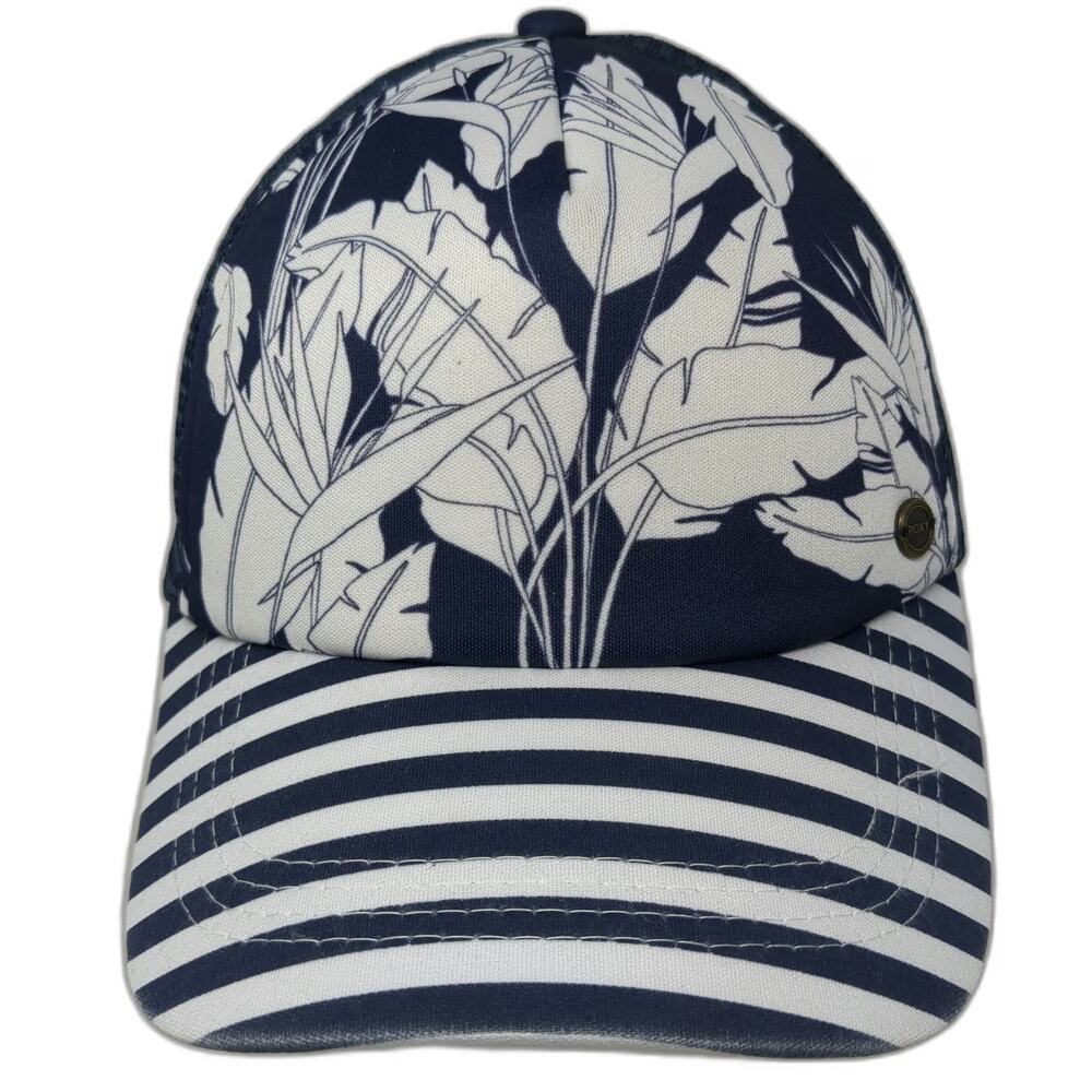 Roxy Trucker Hat Blue White OSFM Floral Print Striped Brim Snapback Mesh Back